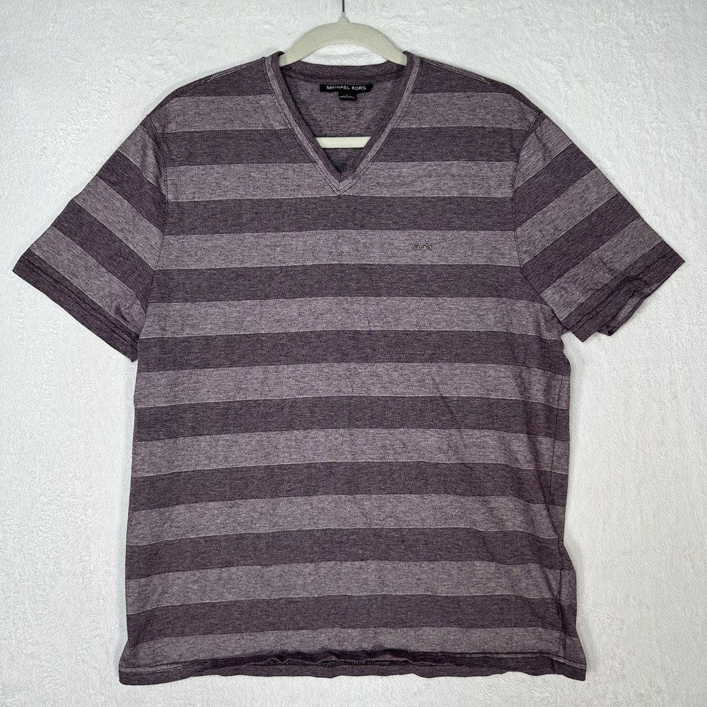 Michael Kors Large Purple Striped‎ V-Neck T-Shirt 100% Cotton Quiet Luxury Gents
